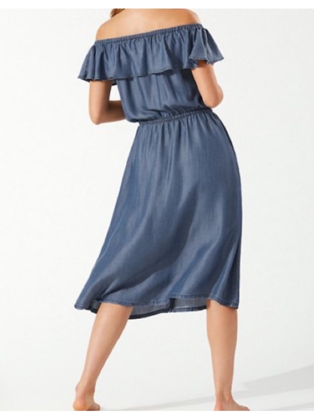 Tommy Bahama Off-Shoulder Ruffle Blue Midi Dress with Drawstring Waist - Picture 11 of 12